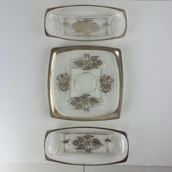 Lot: 3 Vintage Georges Briard Silver Damask Glass Serving Dish Trays MCM Hostess - Picture 1 of 10